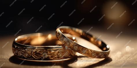 Premium Photo A Pair Of Gold Wedding Rings On Blurred Background