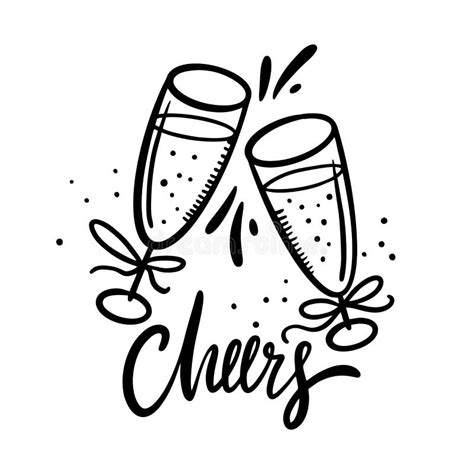 Cheers Lettering With Hand Drawn Wine Glasses Cartoon Style Stock