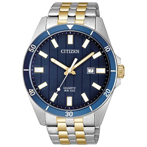 Mens Citizen Quartz Watch Two Tone Watch With Blue Dial Model Bi5054 53l Peoples Jewellers