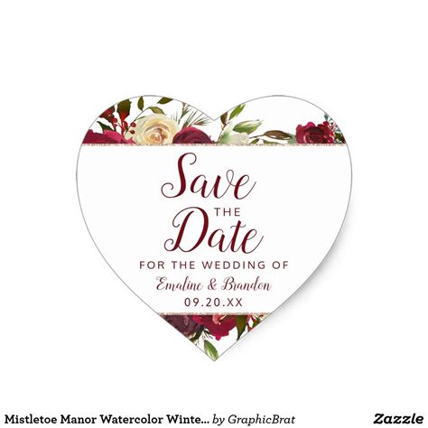 Mistletoe Manor Watercolor Winter Save The Date Heart Sticker Zazzle