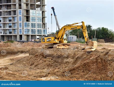 Yellow Excavator Komatsu Hb Lc Hybrid Dig Ground At Construction