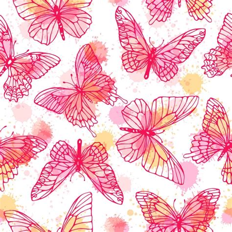 Seamless Pattern With Flying Butterflies Hand Drawing Vector