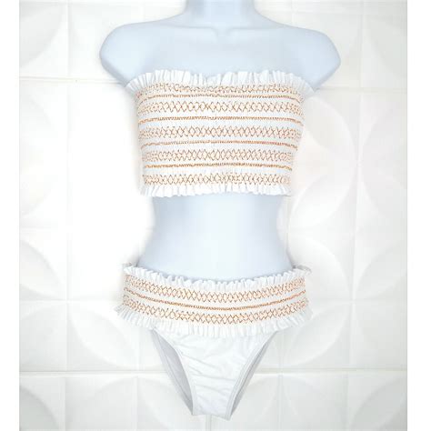 White Bandeau Bikini Set Smocked Ruffles Orange Stitc Gem