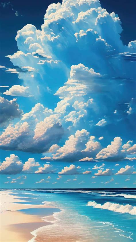 a painting of clouds over the ocean and beach