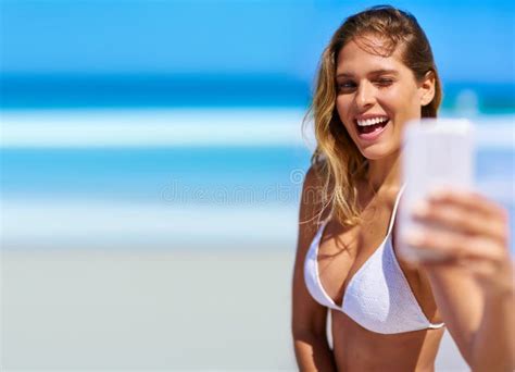 Beach Woman And Bikini With Selfie For Vacation Holiday Weekend And Document Memory In Florida
