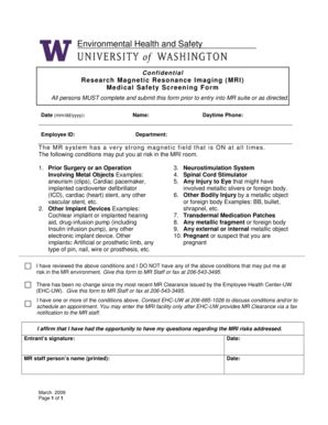 Fillable Online Ehs Washington MRI Medical Safety Screening Form