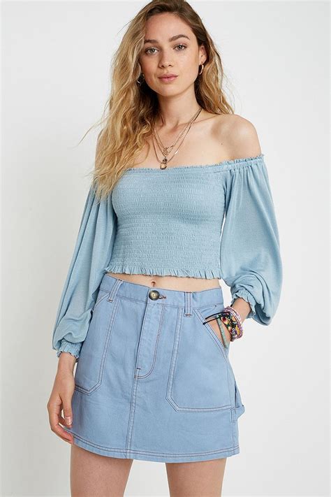 Uo Selena Smocked Off The Shoulder Cropped Top Urban Outfitters Uk