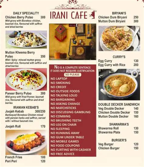 Menu of Irani Cafe, Baner, Pune