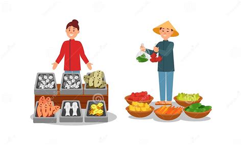 Man And Woman Vendor Standing At Street Booth Or Stall With Fish And