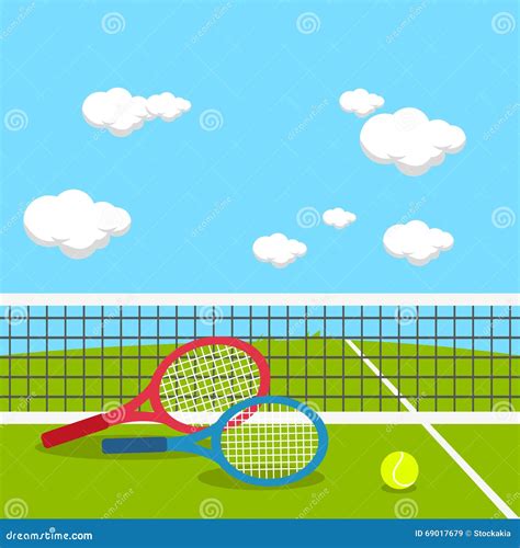 Rackets And Tennis Ball At The Tennis Court Vector Illustration Stock