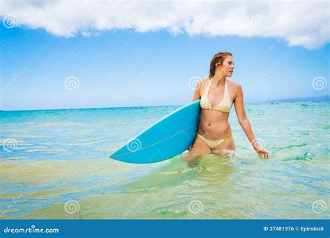 Surfer Girl In Bikini With Surfboard Stock Photo Image Of Person