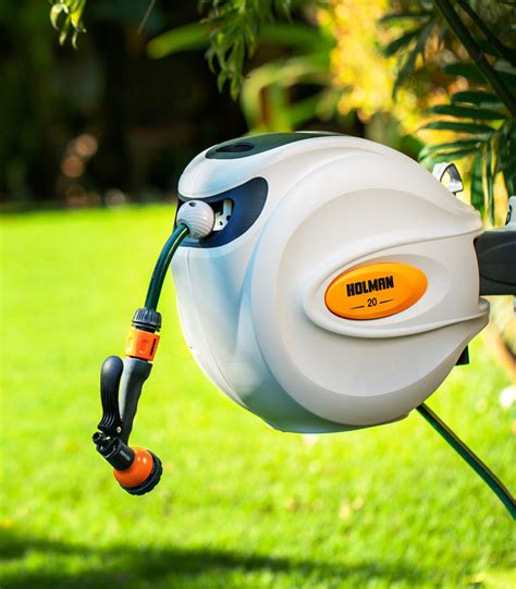 Garden Hoses Holman Retractable Hose Reel 20m 7 Function Spray Gun Wall Plugs Screws Incl Home