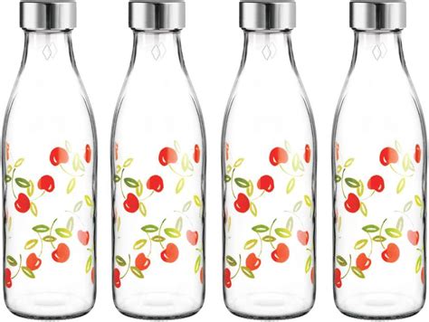 Treo Ivory Premium Glass Printed Bottle Set Of 4 1000 Ml Each Red