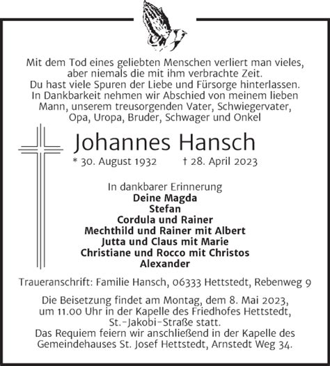 Traueranzeigen Von Johannes Hansch Abschied Nehmen De