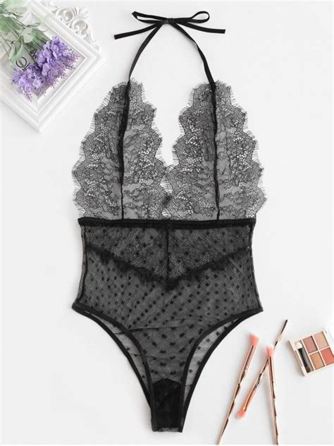 14 Off 2021 Halter Backless Lace Dotted Mesh Teddy In Black Zaful