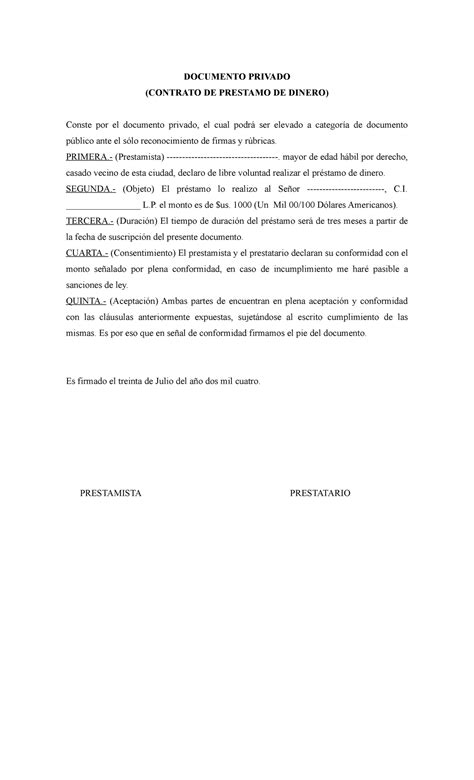 Documento DE Préstamo DE Dinero DOCUMENTO PRIVADO CONTRATO DE