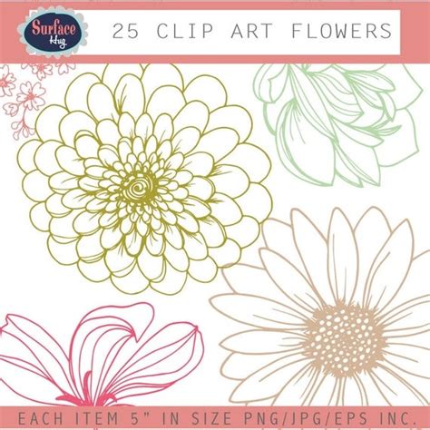 Flower Clip Art FLORAL Hand Drawn Clipart Flower Clip Art