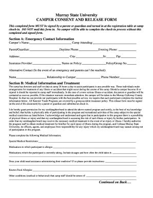 Fillable Online Murray State University Camper Consent And Fax Email