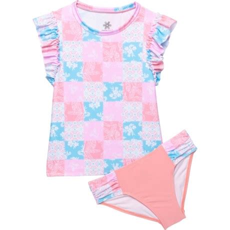 Pipeline Big Girls Ruffled Rash Guard And Bikini Bottoms Set Upf