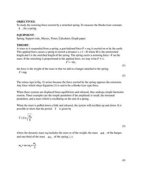 Physics Lab Objectives To Study The Restoring Force Exerted By A