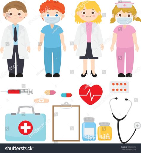 Cute Set Medical Doctor Nurse Clipart เวกเตอร์สต็อก ปลอดค่าลิขสิทธิ์