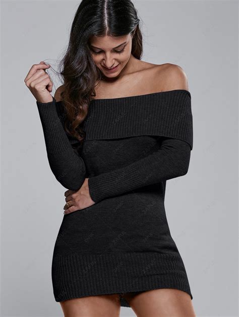 Off The Shoulder Slimming Sweater Dress Black Sweater Dresses One Size