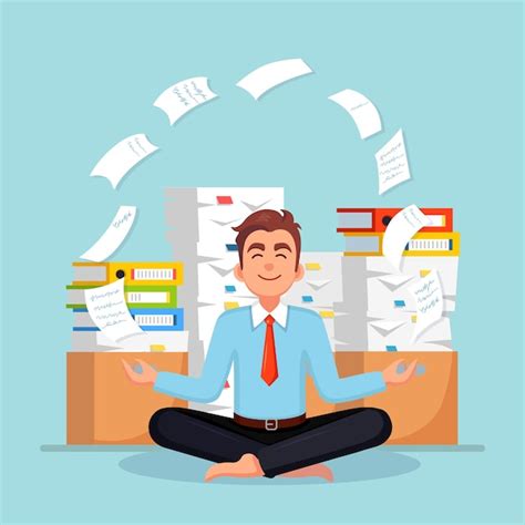 Premium Vector Man Doing Yoga Pile Of Paper Busy Businessman With