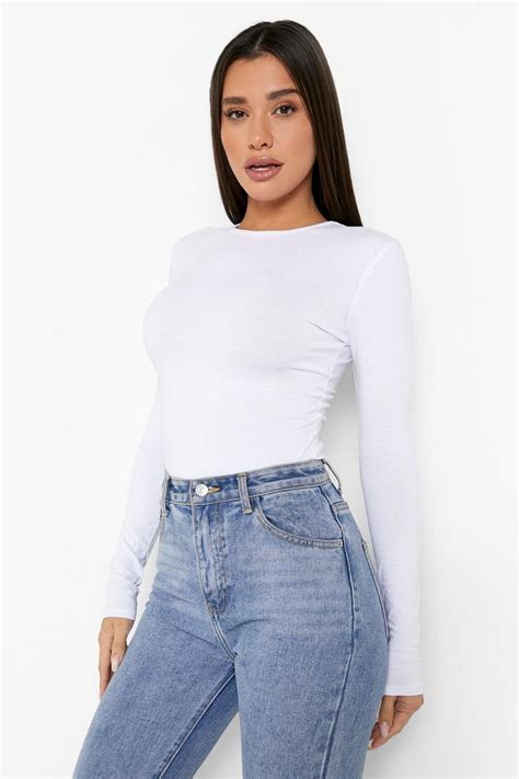 White Basic Long Sleeve Crew Neck Bodysuit Boohoo Uk