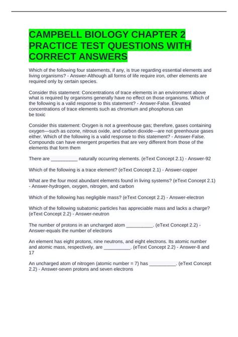 CAMPBELL BIOLOGY CHAPTER 2 PRACTICE TEST QUESTIONS WITH CORRECT ANSWERS