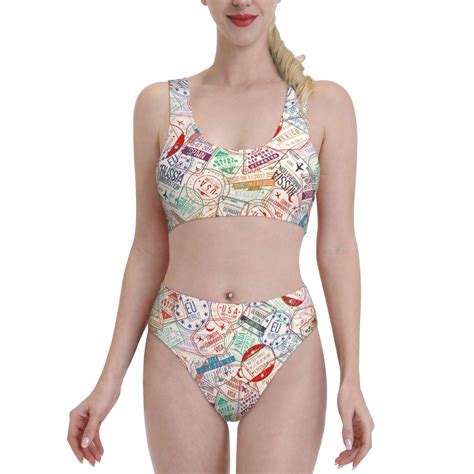 Adobk Passport Stamp Print Women High Waisted Bikini Set Sports