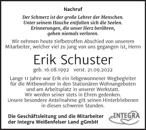 Traueranzeigen Von Erik Schuster Abschied Nehmen De