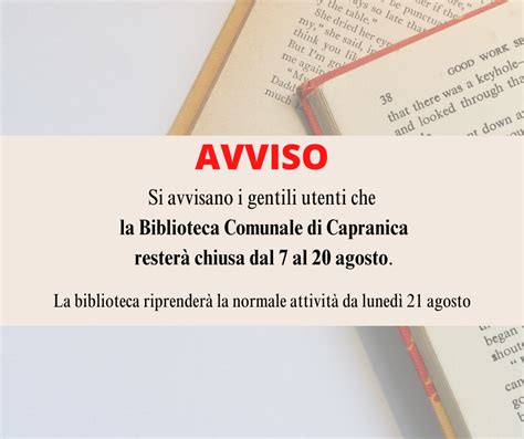 Avviso Chiusura Estiva Dal 7 Al 20 Agosto 2023 Biblioteca Comunale