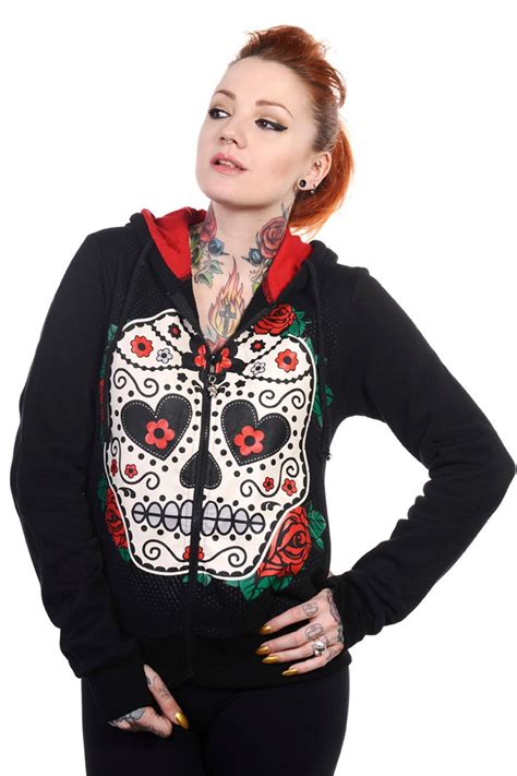 Banned Gothic Day Of The Dead Flower Sugar Skull And Rose Womens Hoodie