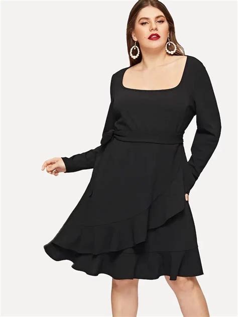 Plus Square Neck Ruffle Trim Belted Dress Gagodeal Robe Grande