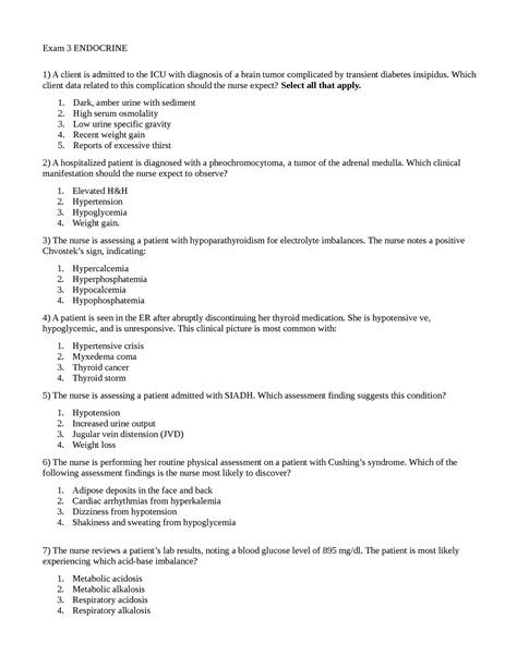 Exam Endocrine Questions Exam Endocrine A Client Is Admitted To