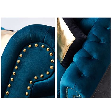 2200mm Modern Blue Velvet Upholstered Sofa 3 Seater Sofa Solid Wood