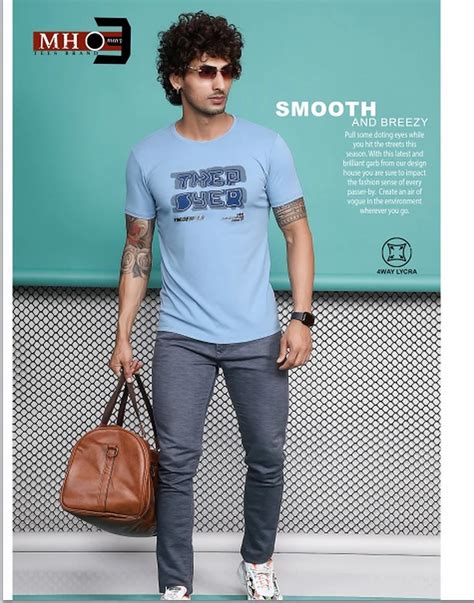 Printed Mh Men Imp Ribh Way Lycra Sky Blue Round Neck T Shirts At