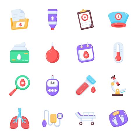 Paquete de iconos planos de accesorios médicos Vector Premium