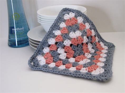 Crochet Dish Cloth Cotton Granny Square Blue Peach and