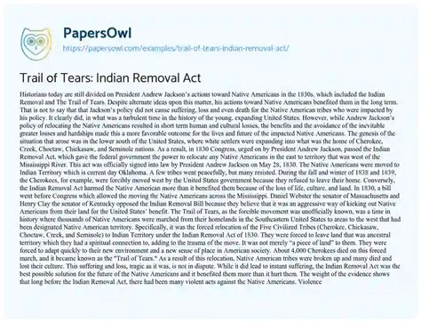 Trail of Tears: Indian Removal Act - Free Essay Example - 1805 Words | PapersOwl.com