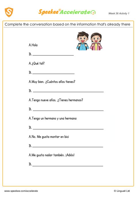 Complete The Conversation A Spanish Worksheet For Kids Ejercicios