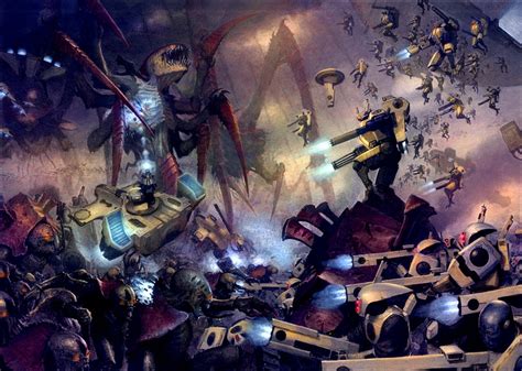 Warhammer K Tau Fighting Tyranids Copyright Majesticchicken