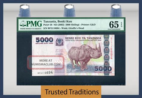 Tt Pk 38 2003 Tanzania 5000 Shilingi Pmg 65 Epq Gem Uncirculated Pop 2