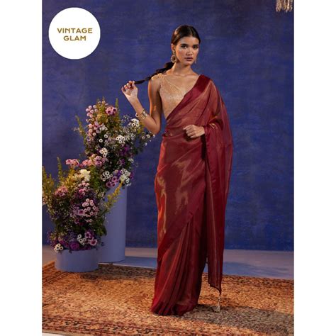 Gajra Gang By Nykaa Fashion Vintage Rani Maroon Sheer Organza Saree