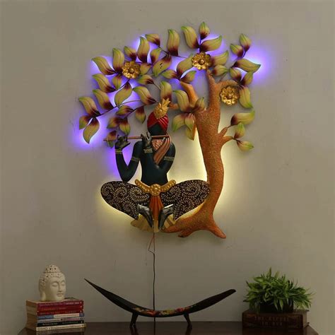 Gleeful Krishna Under The Tree LED Metal Wall Art - WallMantra