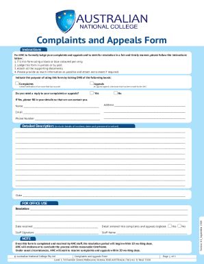 Fillable Online Complaints And Appeals Form Anc Vic Edu Au Fax Email