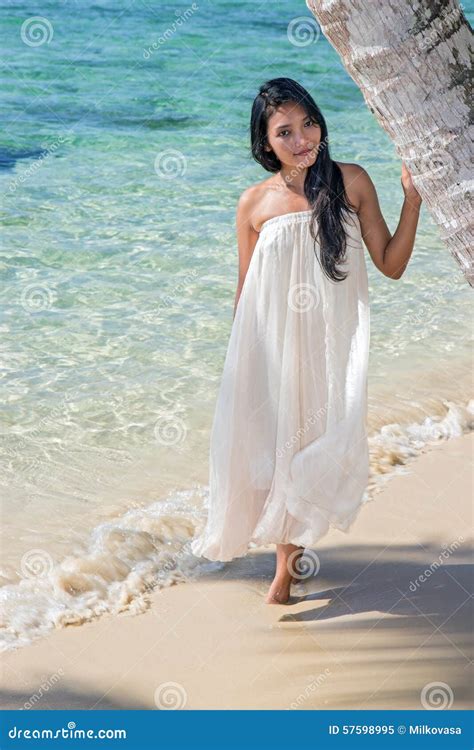 Woman In A White Dress Standing On A Sea Beach Stock Image Image Of People Coast 57598995