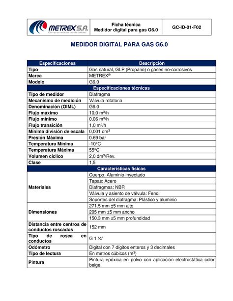 Ficha Tecnica Medidor Digital G6 Metrex V4 Medidor Digital Para Gas