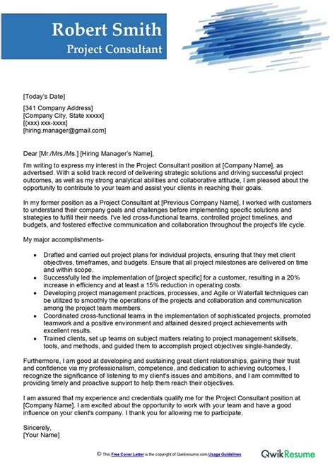 Project Consultant Cover Letter Examples Qwikresume