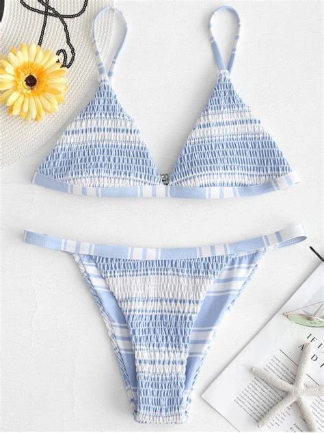 25 OFF 2021 ZAFUL Striped Shirred String Bikini Set In POWDER BLUE